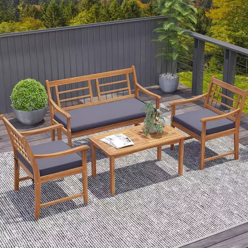 Costway Ensemble de Meubles de Patio 4 Pièces en Bois avec Coussins Souples Cadre en Bois d'Acacia Massif Blanc Cassé/Gris