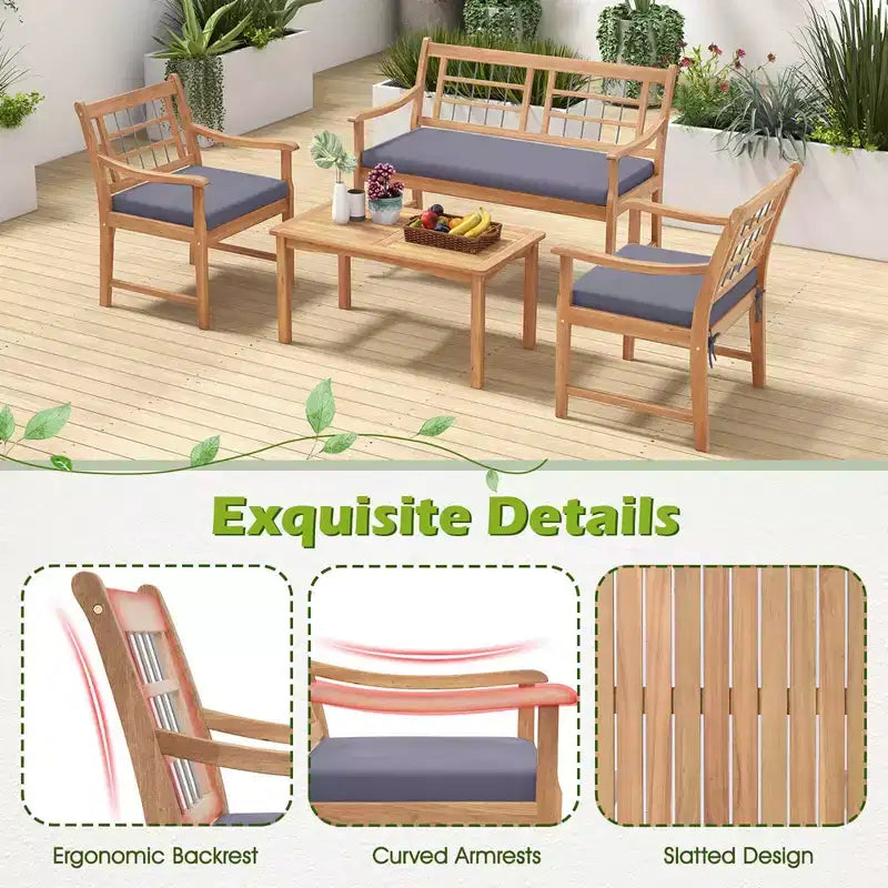 Costway Ensemble de Meubles de Patio 4 Pièces en Bois avec Coussins Souples Cadre en Bois d'Acacia Massif Blanc Cassé/Gris