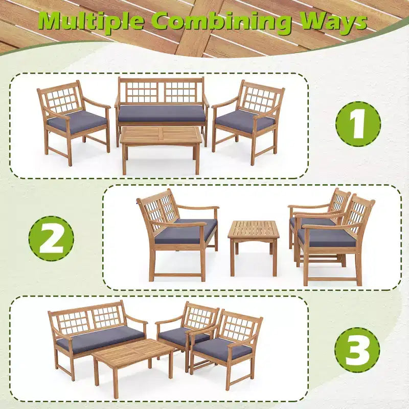 Costway Ensemble de Meubles de Patio 4 Pièces en Bois avec Coussins Souples Cadre en Bois d'Acacia Massif Blanc Cassé/Gris