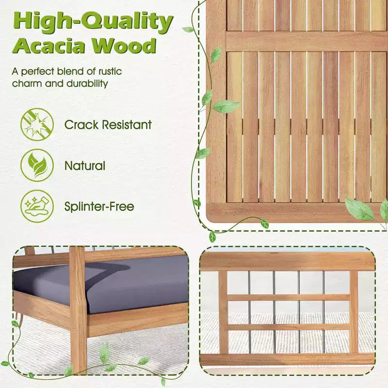 Costway Ensemble de Meubles de Patio 4 Pièces en Bois avec Coussins Souples Cadre en Bois d'Acacia Massif Blanc Cassé/Gris