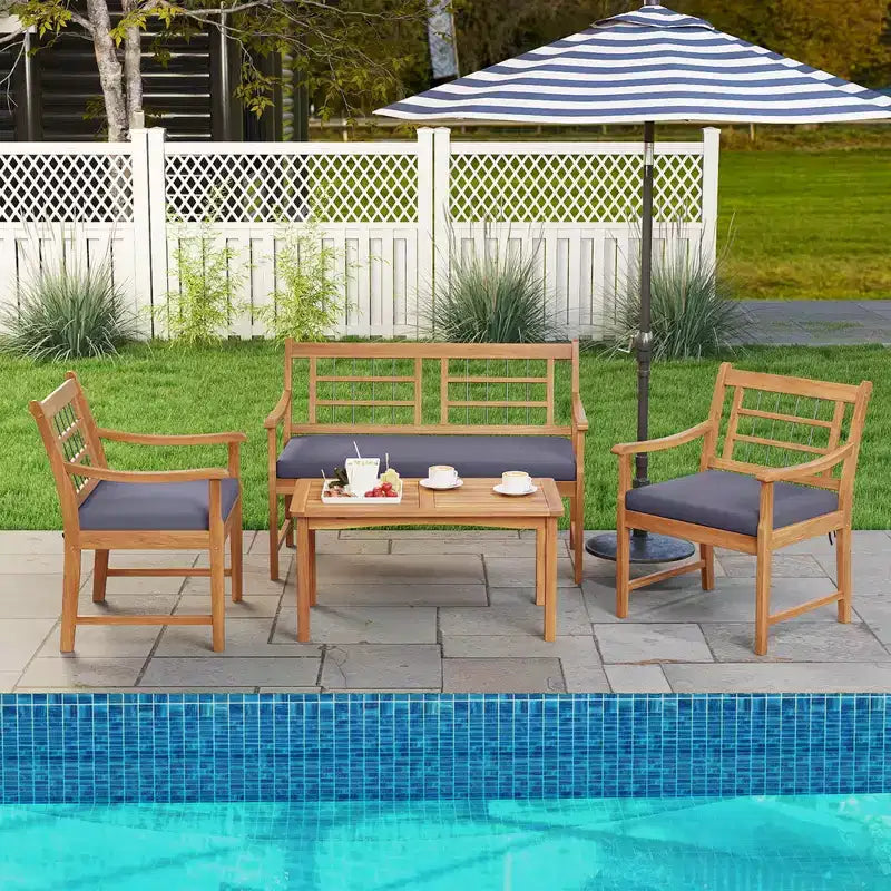 Costway 4 PCS Wood Patio Furniture Set with Soft Seat Cushions Solid Acacia Wood Frame Off White/Gray