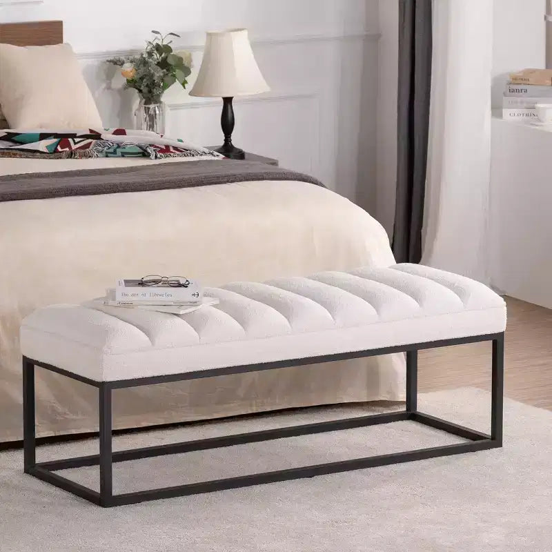 Metal Base Upholstered Bench, Iron Frame, Foam Seat, 53.5" Wide for Bedroom or Entryway