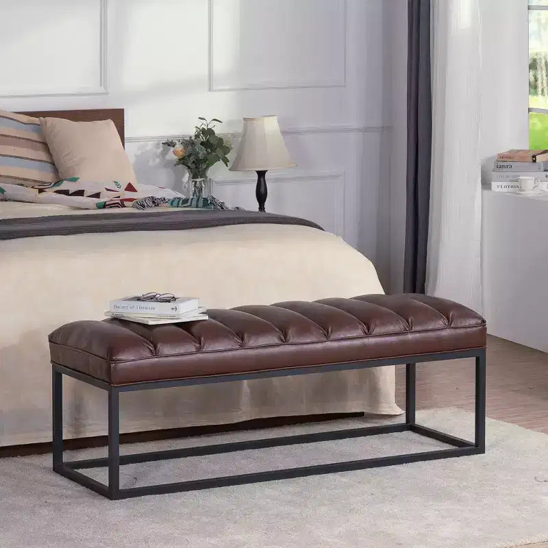 Metal Base Upholstered Bench, Iron Frame, Foam Seat, 53.5" Wide for Bedroom or Entryway