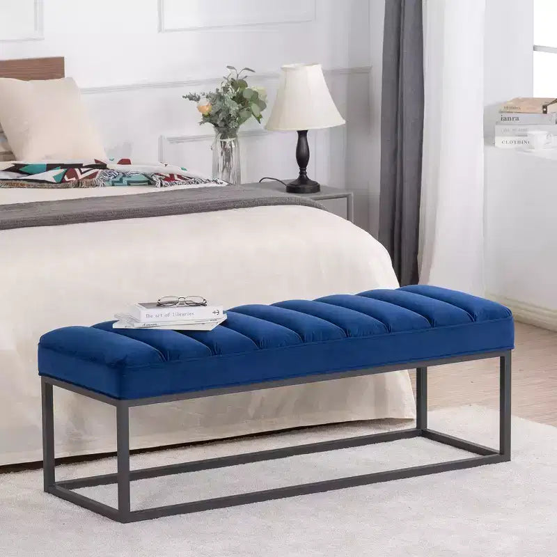 Metal Base Upholstered Bench, Iron Frame, Foam Seat, 53.5" Wide for Bedroom or Entryway