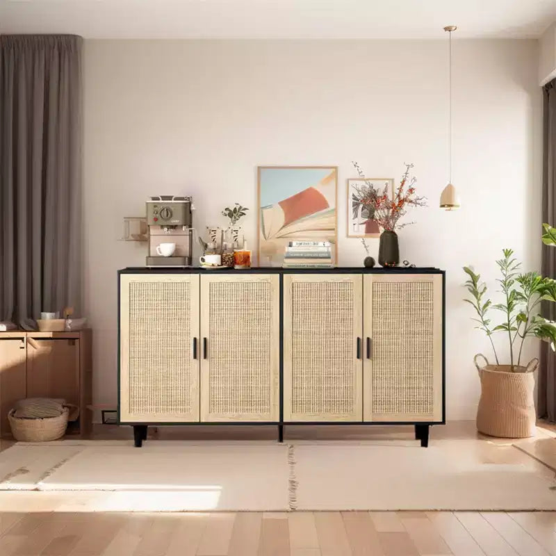 62.20Rattan Storage Cabinet, Modern Wooden Buffet Cabinet With 4 Doors Adjustable Shelves, Accent Sideboard Storage Cabinet For Living Room Hallway