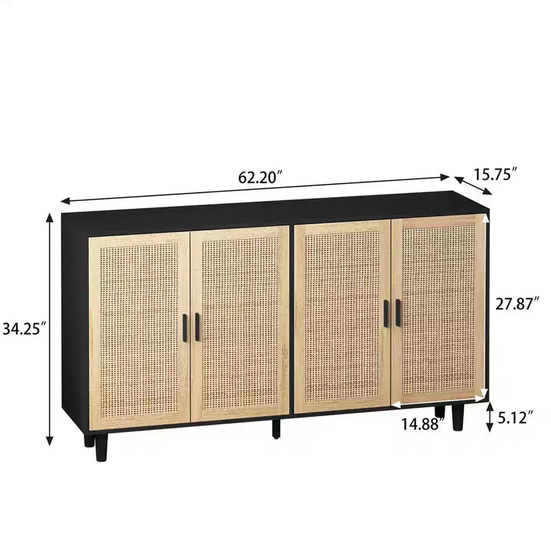 62.20Rattan Storage Cabinet, Modern Wooden Buffet Cabinet With 4 Doors Adjustable Shelves, Accent Sideboard Storage Cabinet For Living Room Hallway