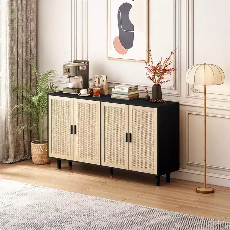 62.20Rattan Storage Cabinet, Modern Wooden Buffet Cabinet With 4 Doors Adjustable Shelves, Accent Sideboard Storage Cabinet For Living Room Hallway