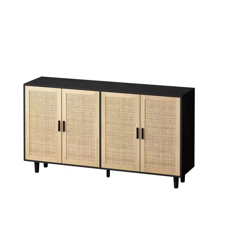 62.20Rattan Storage Cabinet, Modern Wooden Buffet Cabinet With 4 Doors Adjustable Shelves, Accent Sideboard Storage Cabinet For Living Room Hallway