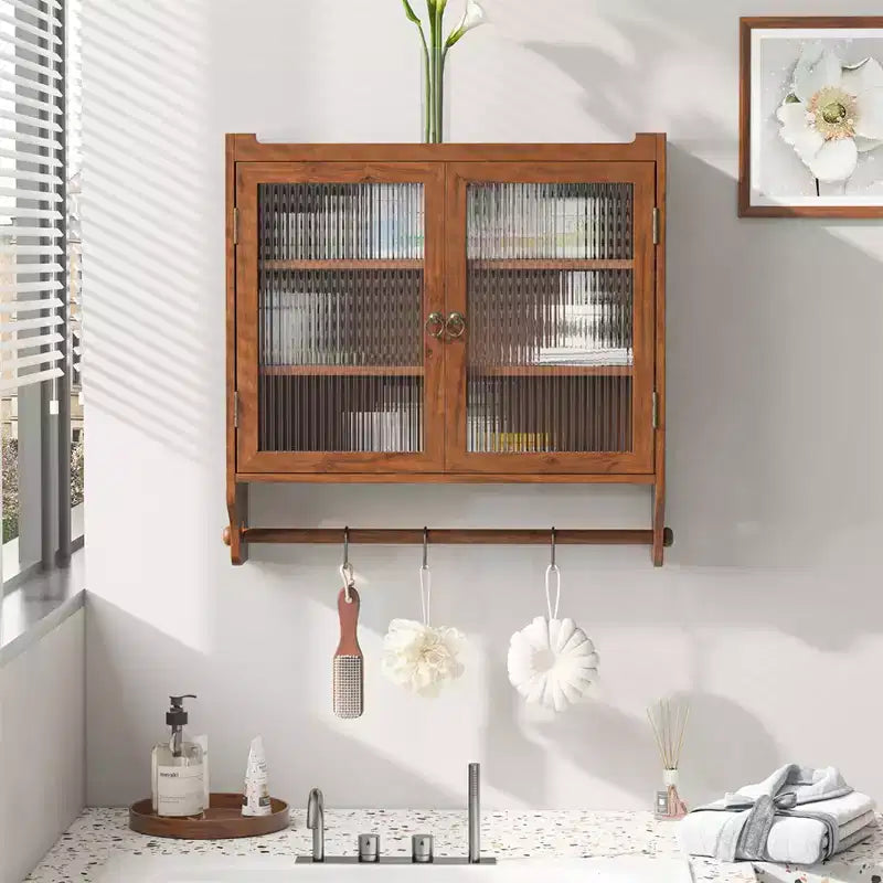 24.8Glass Door Vintage Double Door Wall Cabinet with Three Tiers of Storage with Towel Rack, for Bathroom, Kitchen,Dining Room,Brown