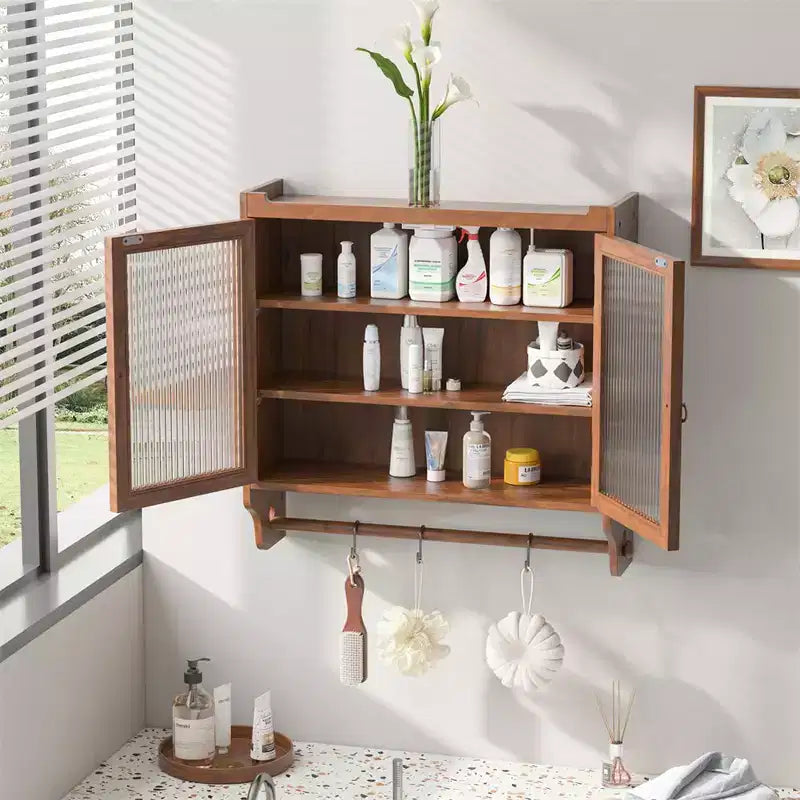 24.8Vitrine murale vintage à double porte vitrée avec trois niveaux de rangement et porte-serviettes, pour salle de bain, cuisine, salle à manger, marron