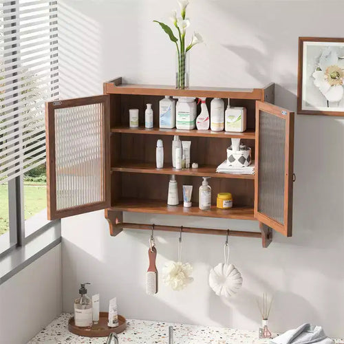 24.8Vitrine murale vintage à double porte vitrée avec trois niveaux de rangement et porte-serviettes, pour salle de bain, cuisine, salle à manger, marron