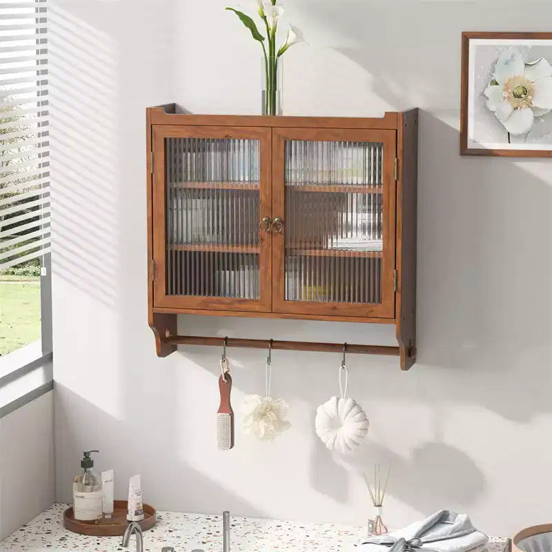 24.8Vitrine murale vintage à double porte vitrée avec trois niveaux de rangement et porte-serviettes, pour salle de bain, cuisine, salle à manger, marron