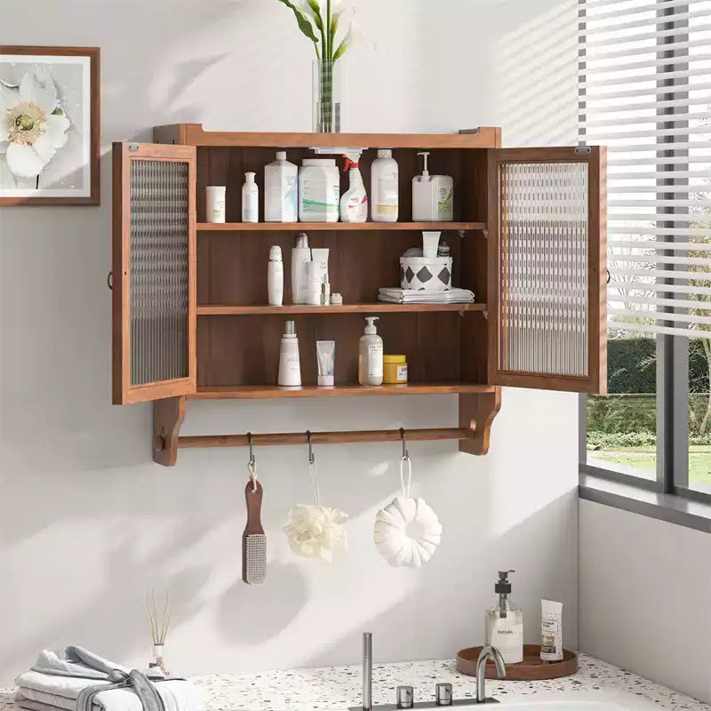 24.8Vitrine murale vintage à double porte vitrée avec trois niveaux de rangement et porte-serviettes, pour salle de bain, cuisine, salle à manger, marron