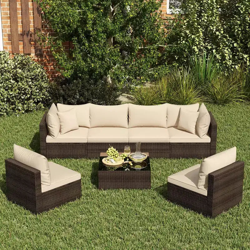 Costway Ensemble de Meubles de Jardin en Rotin 7 Pièces Canapé Modulable Rembourré Marron/Bleu