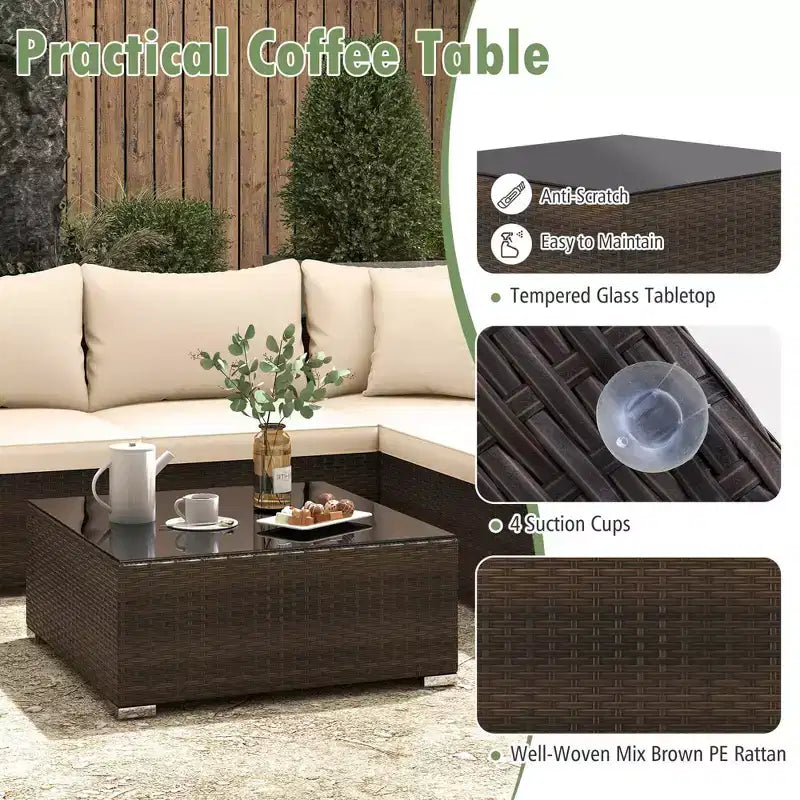 Costway Ensemble de Meubles de Jardin en Rotin 7 Pièces Canapé Modulable Rembourré Marron/Bleu