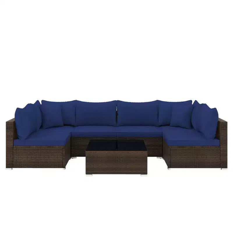 Costway Ensemble de Meubles de Jardin en Rotin 7 Pièces Canapé Modulable Rembourré Marron/Bleu