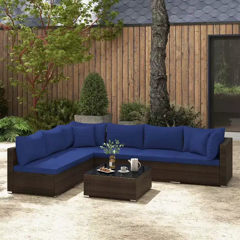 Costway Ensemble de Meubles de Jardin en Rotin 7 Pièces Canapé Modulable Rembourré Marron/Bleu