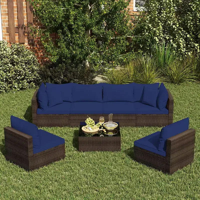 Costway Ensemble de Meubles de Jardin en Rotin 7 Pièces Canapé Modulable Rembourré Marron/Bleu