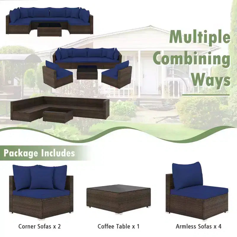 Costway Ensemble de Meubles de Jardin en Rotin 7 Pièces Canapé Modulable Rembourré Marron/Bleu