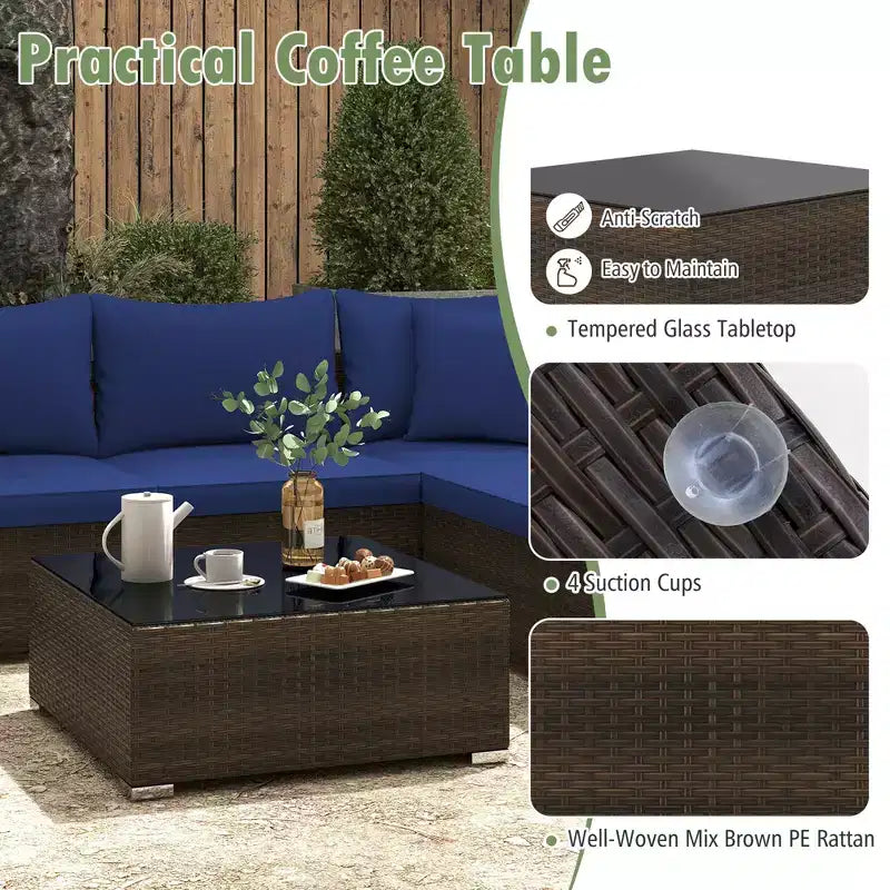 Costway Ensemble de Meubles de Jardin en Rotin 7 Pièces Canapé Modulable Rembourré Marron/Bleu