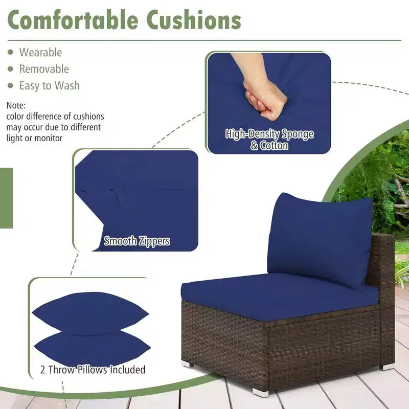 Costway Ensemble de Meubles de Jardin en Rotin 7 Pièces Canapé Modulable Rembourré Marron/Bleu