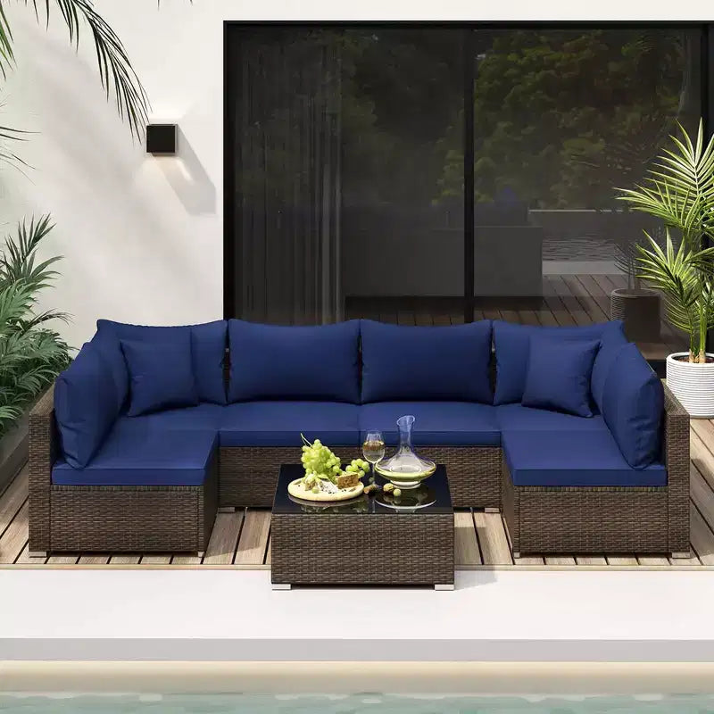 Costway 7 PCS Patio Rattan Furniture Set Sectional Sofa Cushioned Garden Brown/Blue