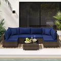 Costway 7 PCS Patio Rattan Furniture Set Sectional Sofa Cushioned Garden Brown/Blue