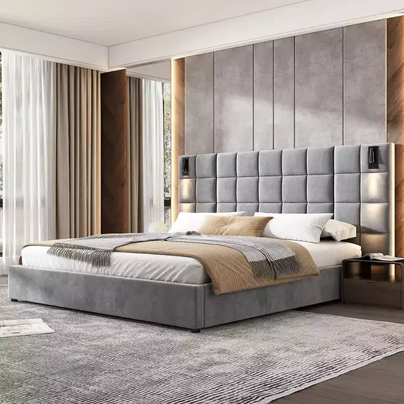 Modern Upholstered Velvet Bed with Reading Lamp and USB Ports, Bedroom Platform Bed