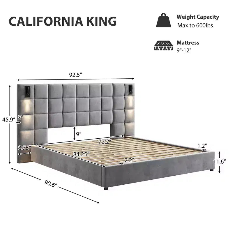 Modern Upholstered Velvet Bed with Reading Lamp and USB Ports, Bedroom Platform Bed