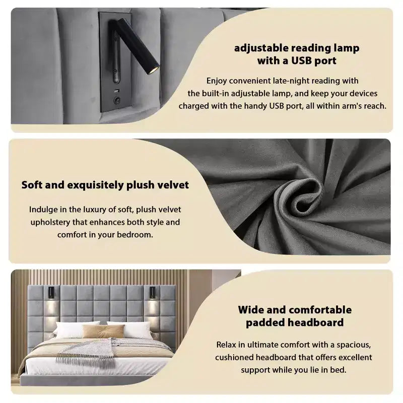Modern Upholstered Velvet Bed with Reading Lamp and USB Ports, Bedroom Platform Bed