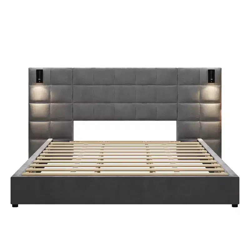 Modern Upholstered Velvet Bed with Reading Lamp and USB Ports, Bedroom Platform Bed
