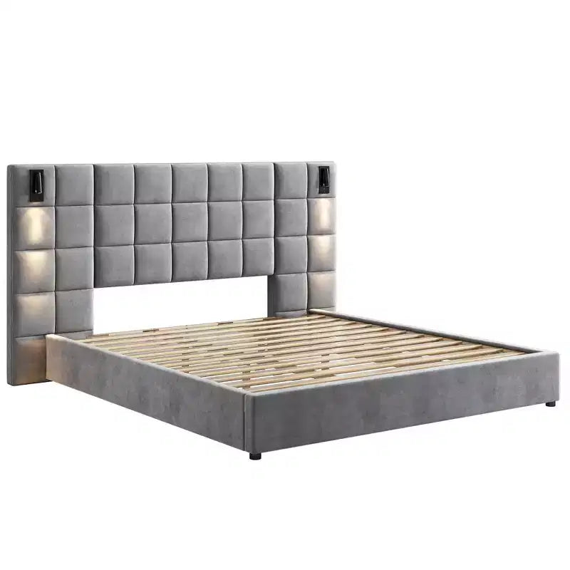 Modern Upholstered Velvet Bed with Reading Lamp and USB Ports, Bedroom Platform Bed