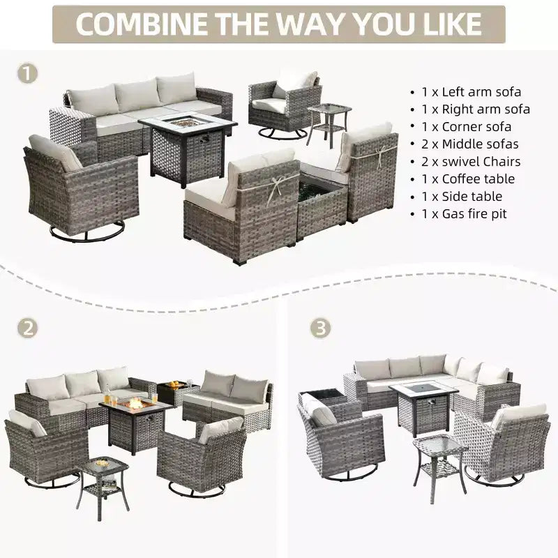 Marlton Ensemble de mobilier de jardin 10 pièces avec foyer en osier, canapé de conversation avec fauteuils pivotants et coussins
