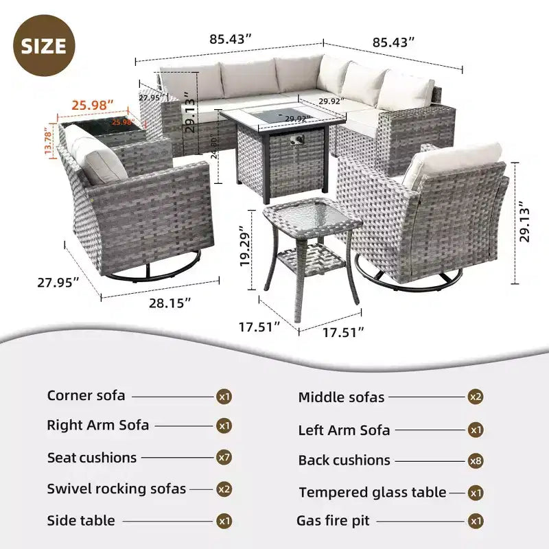 Marlton Ensemble de mobilier de jardin 10 pièces avec foyer en osier, canapé de conversation avec fauteuils pivotants et coussins