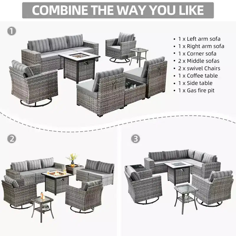 Marlton Ensemble de mobilier de jardin 10 pièces avec foyer en osier, canapé de conversation avec fauteuils pivotants et coussins