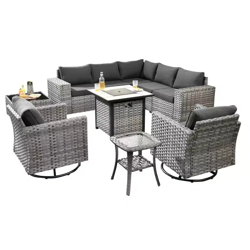 Marlton Ensemble de mobilier de jardin 10 pièces avec foyer en osier, canapé de conversation avec fauteuils pivotants et coussins