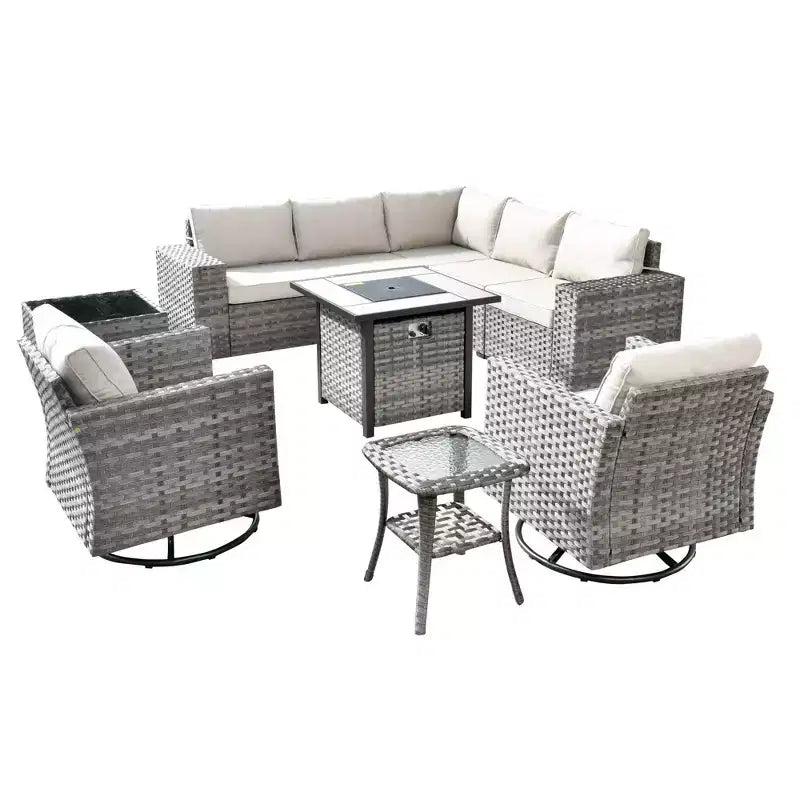 Marlton Ensemble de mobilier de jardin 10 pièces avec foyer en osier, canapé de conversation avec fauteuils pivotants et coussins