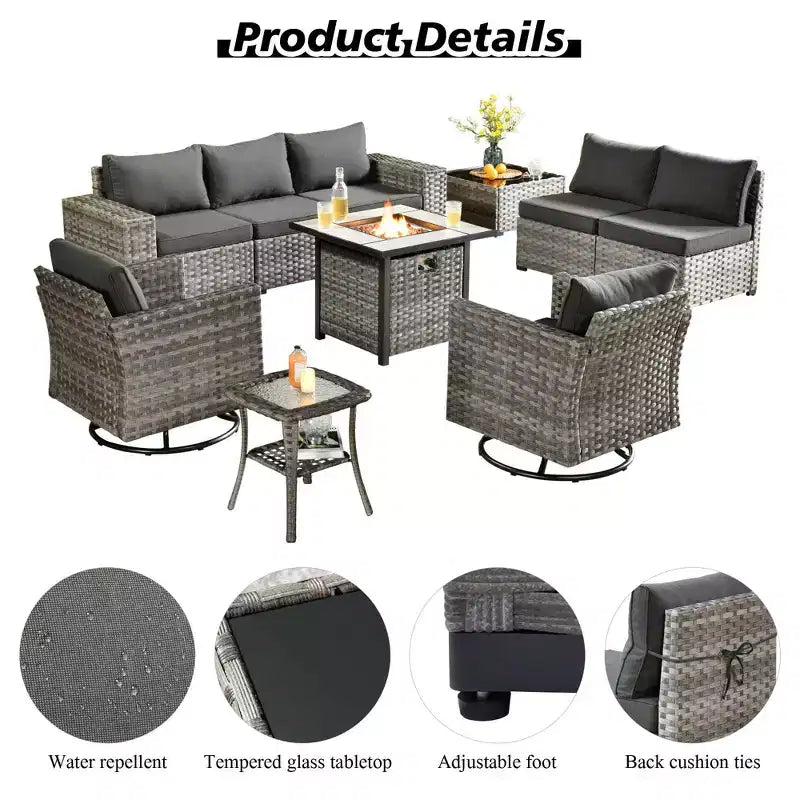 Marlton Ensemble de mobilier de jardin 10 pièces avec foyer en osier, canapé de conversation avec fauteuils pivotants et coussins