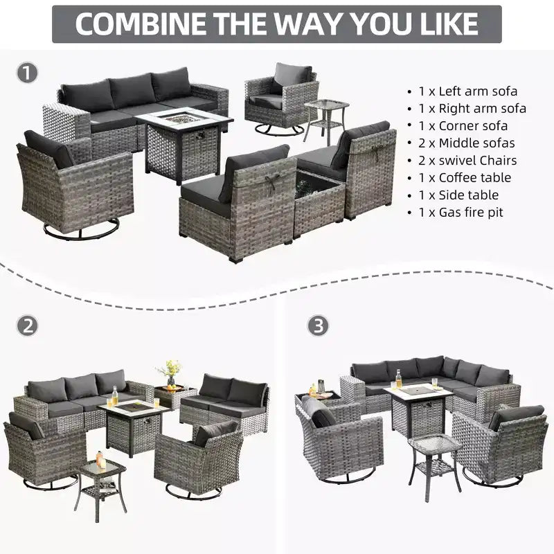 Marlton Ensemble de mobilier de jardin 10 pièces avec foyer en osier, canapé de conversation avec fauteuils pivotants et coussins