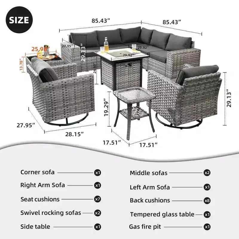 Marlton Ensemble de mobilier de jardin 10 pièces avec foyer en osier, canapé de conversation avec fauteuils pivotants et coussins