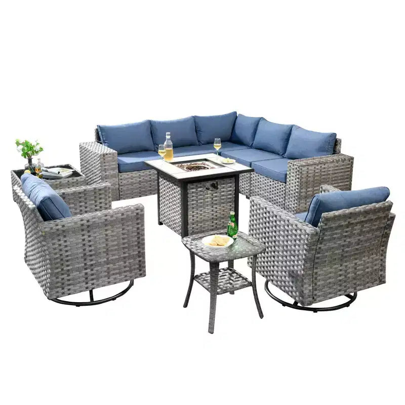 Marlton Ensemble de mobilier de jardin 10 pièces avec foyer en osier, canapé de conversation avec fauteuils pivotants et coussins