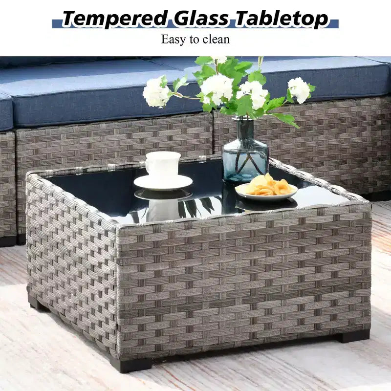 Marlton Ensemble de mobilier de jardin 10 pièces avec foyer en osier, canapé de conversation avec fauteuils pivotants et coussins