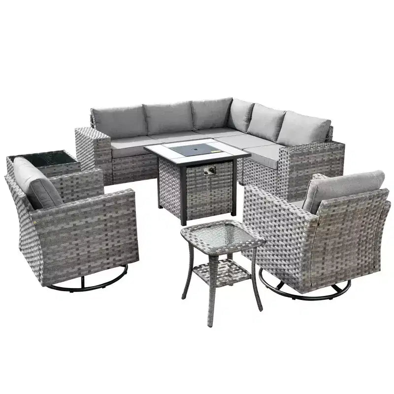 Marlton Ensemble de mobilier de jardin 10 pièces avec foyer en osier, canapé de conversation avec fauteuils pivotants et coussins