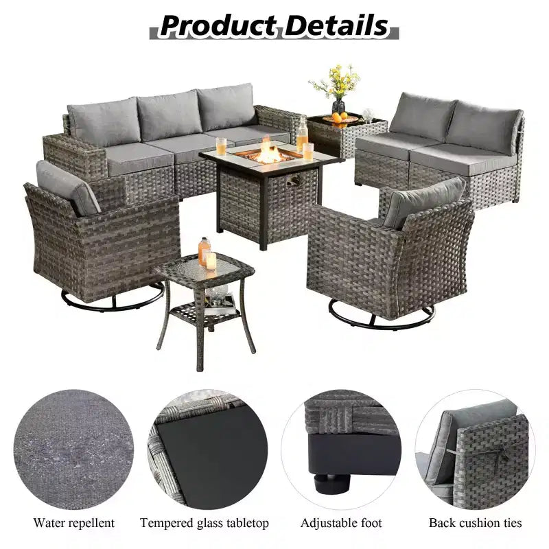 Marlton Ensemble de mobilier de jardin 10 pièces avec foyer en osier, canapé de conversation avec fauteuils pivotants et coussins