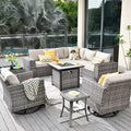 Marlton 10pc Wicker Outdoor Fire Pit Patio Furniture Set Conversation Sofa with Swivel Chairs and Cushions
